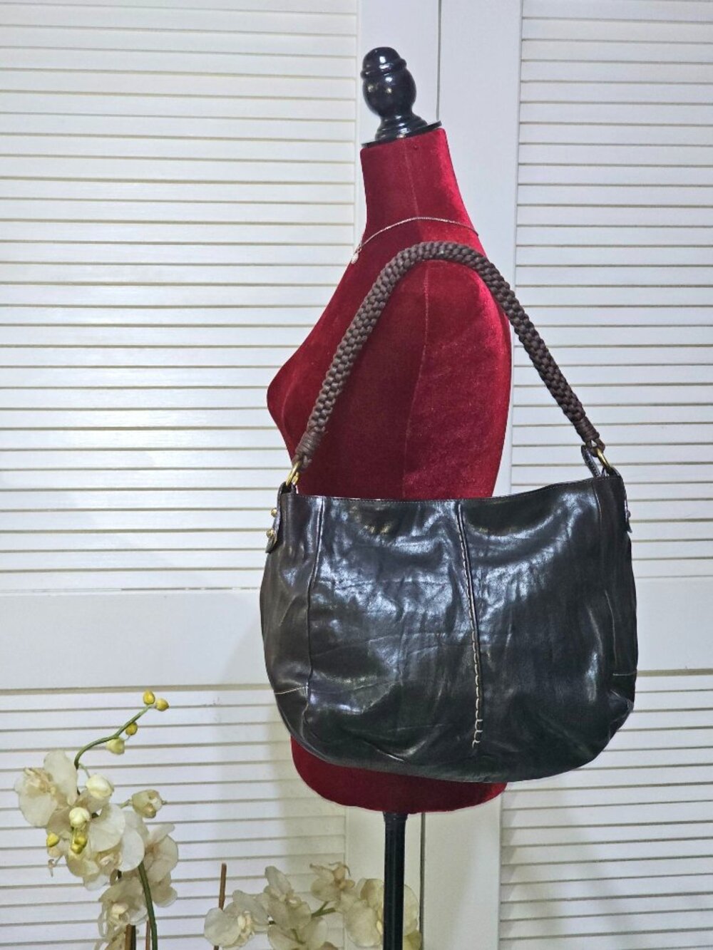 Christopher Kon Women's Brown Leather Braided Handle Shoulder Boho Bag Sz L 2561 - Picture 2 of 11